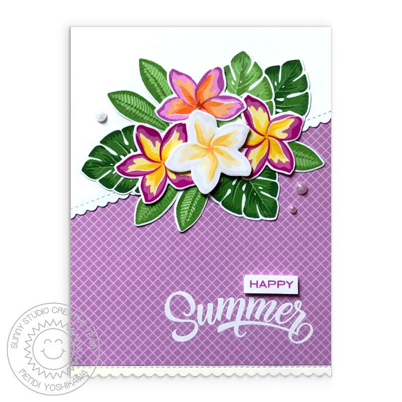 Sunny Studio Happy Summer Tropical Flowers Lilac & Yellow Scalloped Card using Radiant Plumeria Clear Color Layering Stamps
