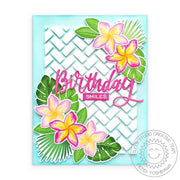 Sunny Studio Stamps Tropical Plumeria Flowers Summer Birthday Card using Frilly Frames Herringbone Background Cutting Dies