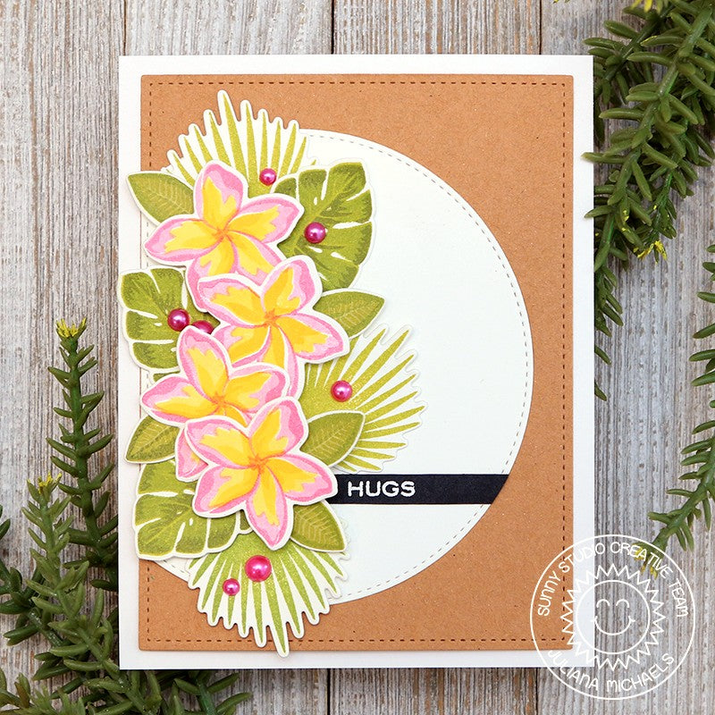 Sunny Studio Summer Hugs Tropical Flowers & Jungle Leaves Handmade Card using Radiant Plumeria Color Layering Clear Stamps