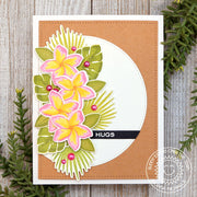 Sunny Studio Stamps Layered Plumeria Tropical Flowers & Leaves Kraft Card using Stitched Semi-Circle Metal Cutting Dies
