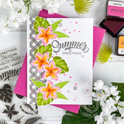 Sunny Studio Summer Greetings Tropical Flowers with Gingham Border Handmade Card using Radiant Plumeria Clear Layering Stamps