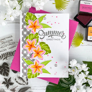 Sunny Studio Tropical Plumeria Flower Summer Card with Grey Gingham Border using Background Basics Clear Photopolymer Stamps