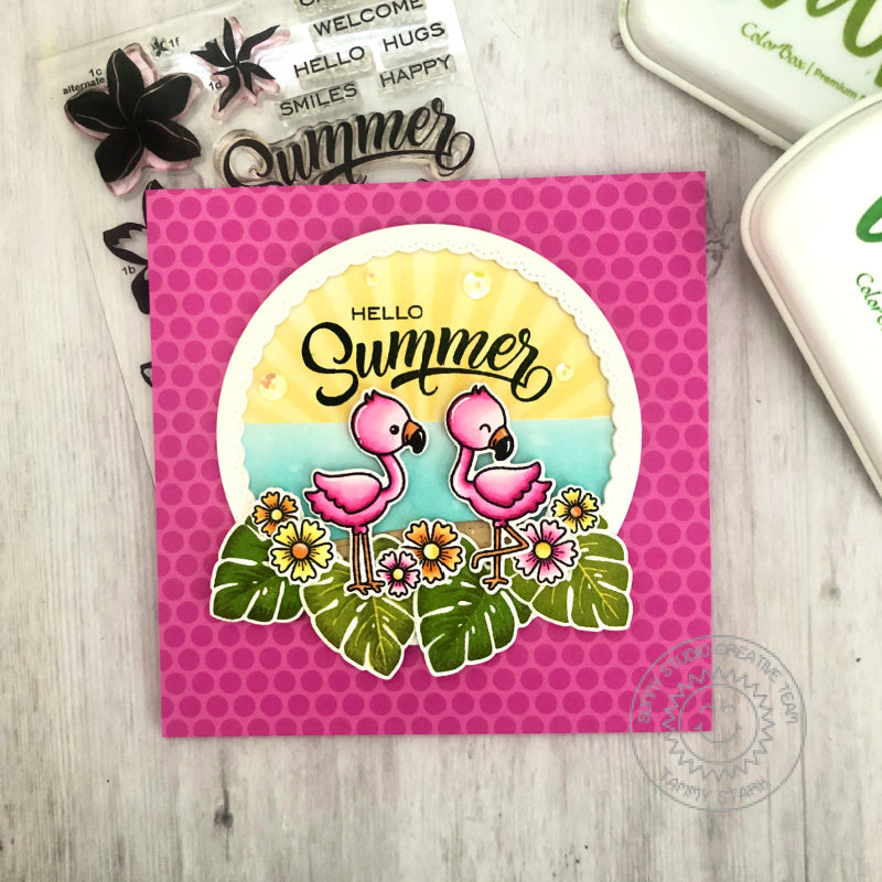 Sunny Studio Hot Pink Polka-dot Flamingos & Tropical Leaves Summer Sunburst Beach Card using Radiant Plumeria Clear Stamps