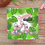 Sunny Studio Summer Greetings Flamingos with Palm Leaves Jungle Frame Border Card using Radiant Plumeria Clear Layering Stamps