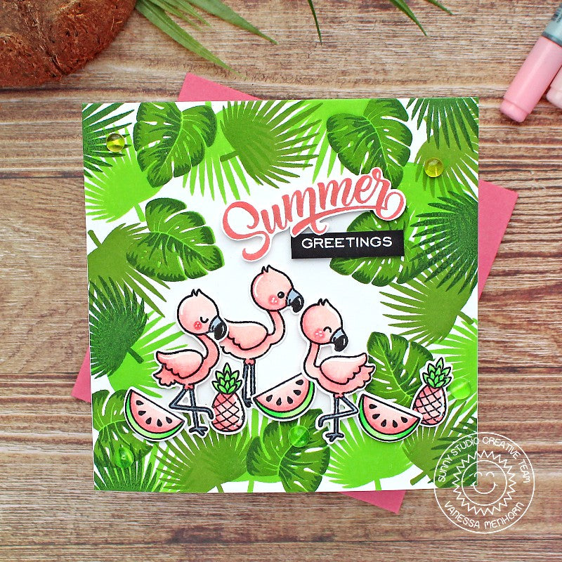 Sunny Studio Summer Greetings Flamingos with Pineapple, Watermelon & Jungle Leaves Card using Fabulous Flamingos Clear Stamps