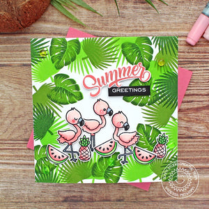 Sunny Studio Summer Greetings Flamingos with Pineapple, Watermelon & Jungle Leaves Card using Fabulous Flamingos Clear Stamps