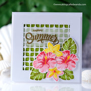 Sunny Studio Happy Home Layered Hibiscus and Plumeria Flower Handmade Card by Wanda Guess (using Frilly Frames Retro Petals Background Metal Cutting Dies)