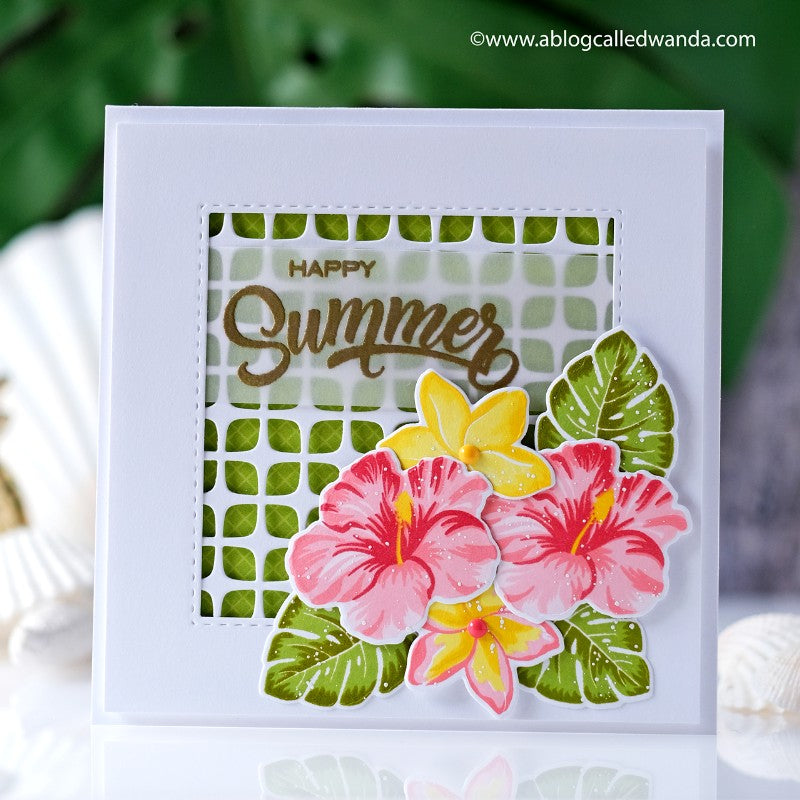 Sunny Studio Tropical Hibiscus Flower Happy Summer Handmade Card using Radiant Plumeria Clear Photopolymer Layering Stamps