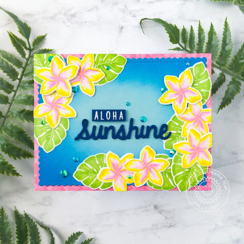 Sunny Studio Tropical Flower Sun Rays Aloha Sunshine Summer Handmade Card using Radiant Plumeria Clear Photopolymer Stamps