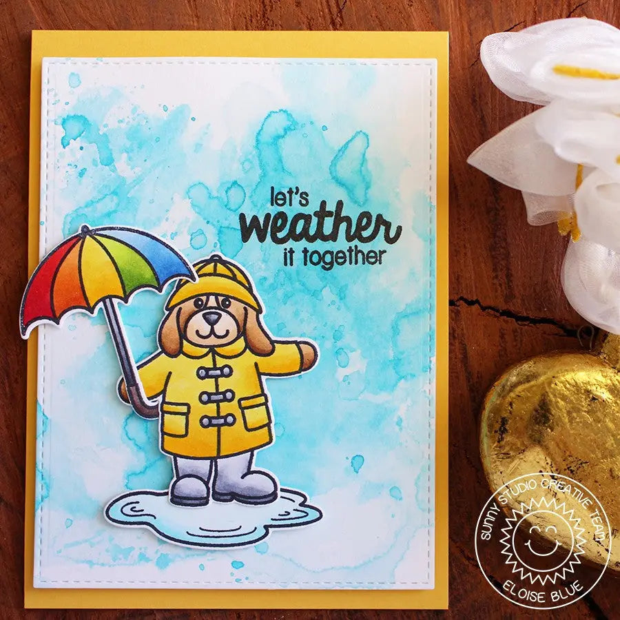Sunny Studio Stamps Rain or Shine Dog in Yellow Slicker Raincoat Holding Rainbow Umbrella Card with Watercolor Background