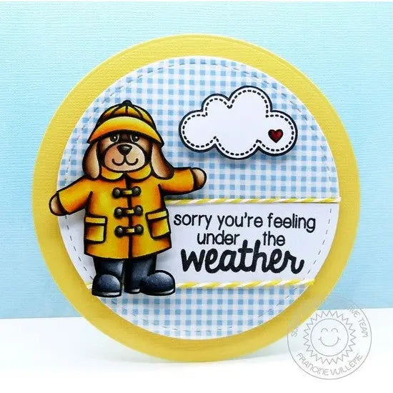 Sunny Studio Stamps Rain or Shine Blue Gingham Puppy Dog with Umbrella & Yellow Raincoat Circular Round Card