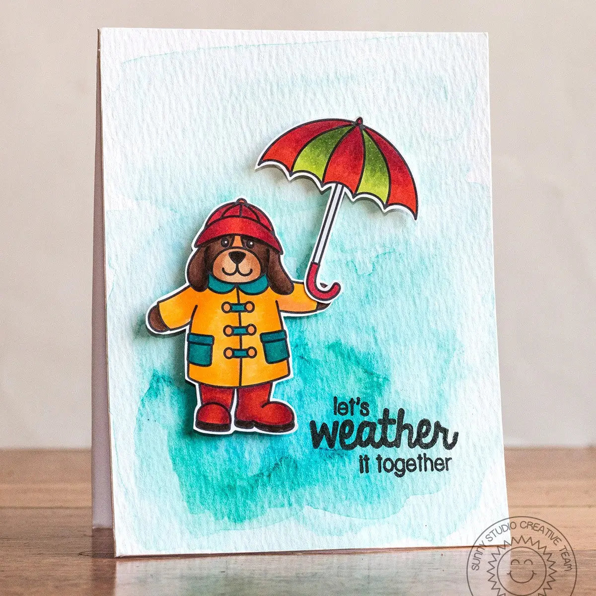 Sunny Studio Let's Weather It Together Dog Holding Umbrella Card with Watercolor Background (using Rain or Shine Clear Stamps)