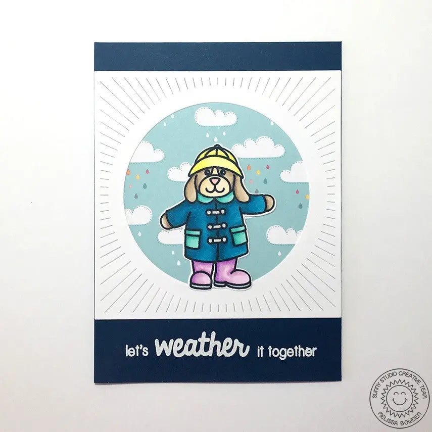 Sunny Studio Let's Weather It Together Dog in Raincoat with Cloud Background Encouragement Card (using Rain or Shine Clear Stamps)
