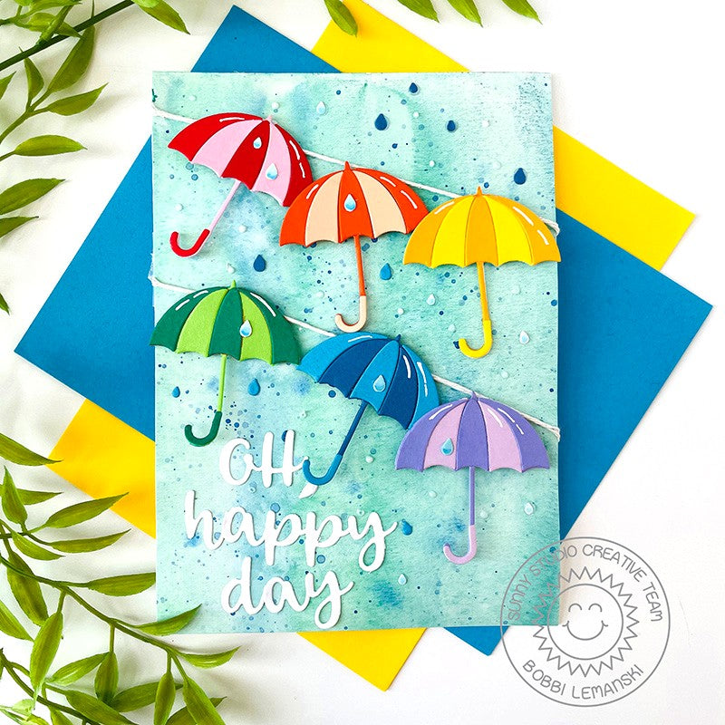 Sunny Studio Stamps Oh, Happy Day Colorful Rainbow Umbrellas Spring 5x7 Card (using Rainy Days Metal Cutting Dies)