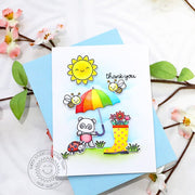 Sunny Studio Rainbow Umbrella, Rain Boots, Bumblebee, Ladybug & Sunshine Thank You Card using Rainy Days Metal Cutting Dies
