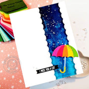 Sunny Studio Rainbow Umbrella with Rain Drops Clean & Simple CAS Spring Miss You Card (using Rainy Days Metal Cutting Dies)