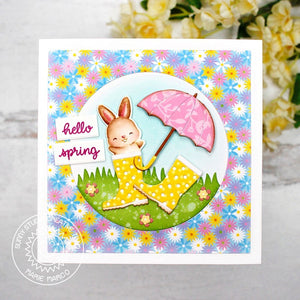 Sunny Studio Bunny Rabbit In Polka-dot Rain Boots With Umbrella Hello Spring Card (using Rainy Days Metal Cutting Dies)