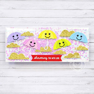 Sunny Studio Stamps Showering You With Love Happy Face Colorful Umbellas Slimline Card (using Rainy Days Metal Cutting Dies)