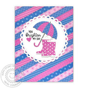 Sunny Studio Pink & Blue Diagonal Striped "You Brighten My Day" Umbrella & Rain Boots Card using Scalloped Circle Mat 3 Dies