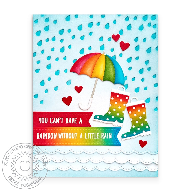Sunny Studio Rainbow Umbrella & Polka-dot Rain Boots Spring Encouragement Card (using Ribbon & Lace Border Slimline Dies)