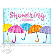 Sunny Studio Showering You With Love Scalloped Baby Bridal Shower Umbrella Card using Ribbon & Lace Border Slimline Dies