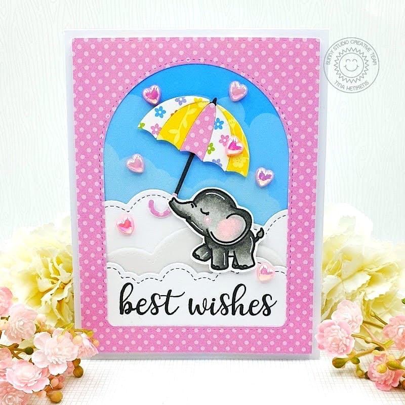 Sunny Studio Stamps Elephant Holding Umbrella in Clouds Best Wishes Card (using Rainy Days Metal Cutting Dies)