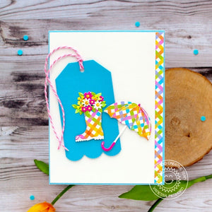 Sunny Studio Stamps Rainbow Umbrella & Rain Boots with Flowers Scalloped Tag Card (using Spring Fever 6x6 Patterned Paper Pad)