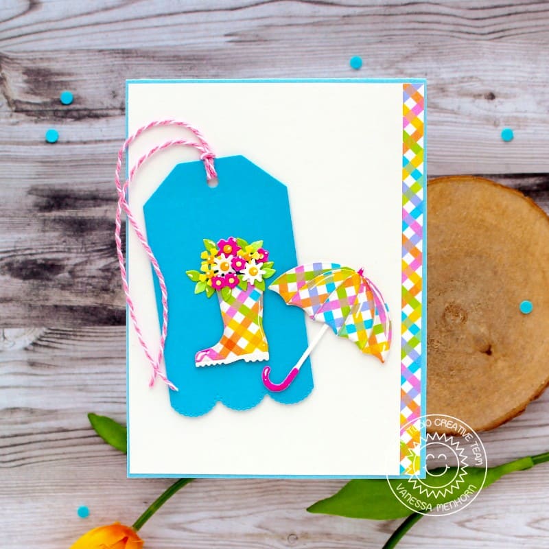 Sunny Studio Stamps Rainbow Umbrella & Rain Boots with Flowers Scalloped Tag Card using Mini Mat & Tag 4 Metal Cutting Dies