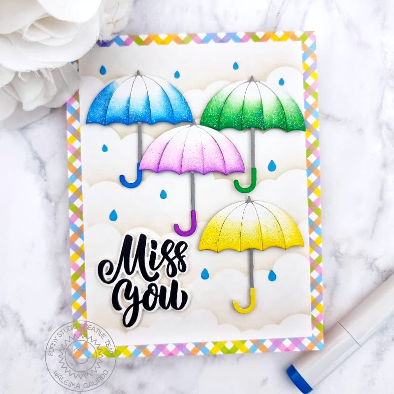 Sunny Studio Stamps Colorful Glitter Umbellas Missing Miss You Spring Gingham Card using Rainy Days Metal Cutting Dies