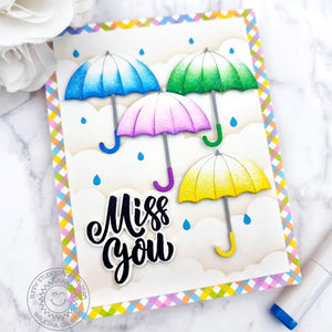 Sunny Studio Colorful Sparkly Glitter Umbellas Missing Miss You Spring Gingham Card (using Big Bold Greetings Clear Stamps)