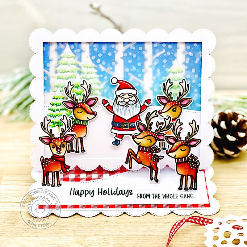 Sunny Studio Santa Claus North Pole Snowy Scalloped Pop-up Card (using Reindeer Games 4x6 Clear Stamps)