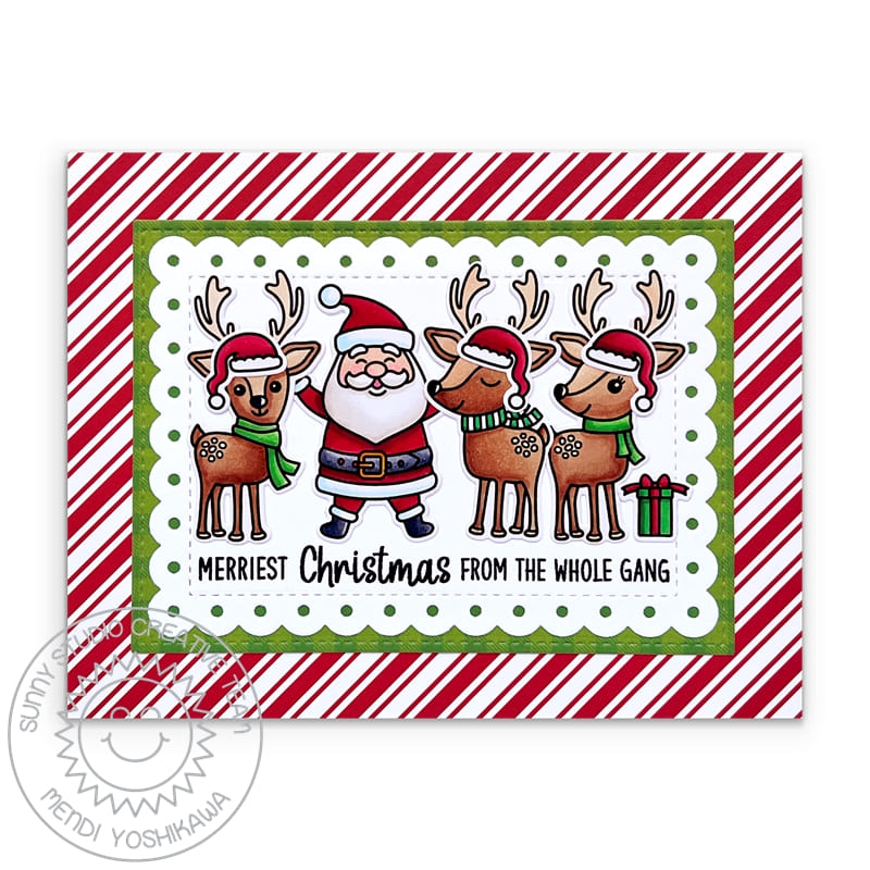 Sunny Studio Merriest Christmas From the Whole Gang Red Candy Cane Striped Holiday Card (using Gleeful Reindeer Clear Stamps)