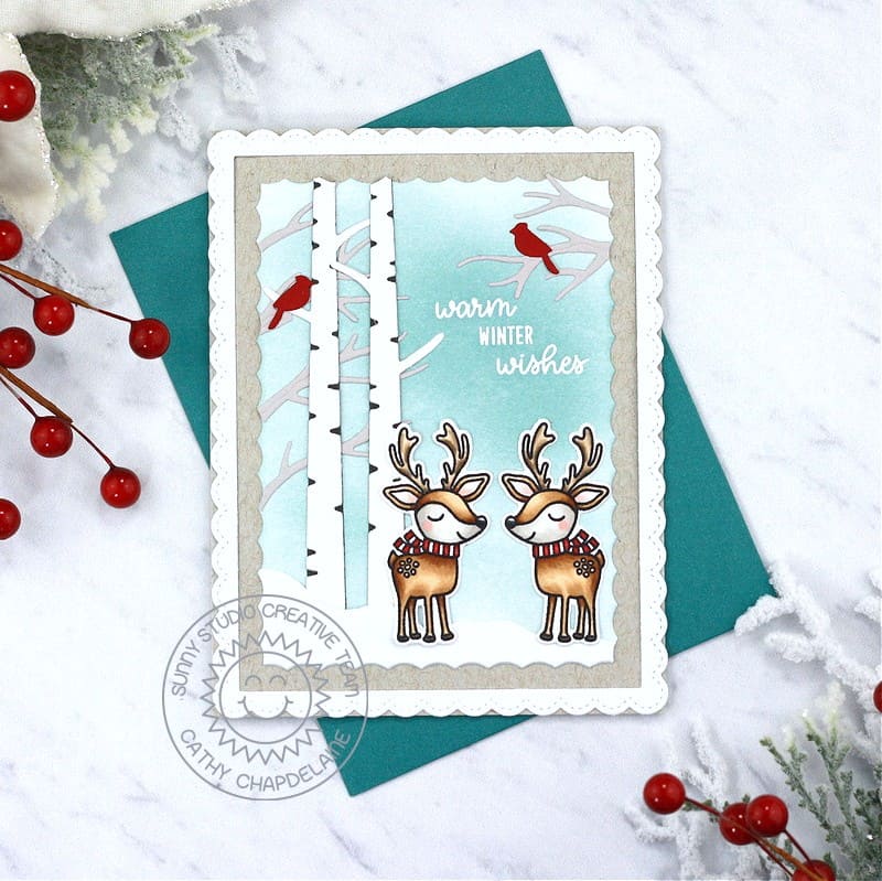 Sunny Studio Reindeer with Red Cardinals & Birch Trees Holiday Christmas Cards (using Reindeer Games 4x6 Clear Stamps)
