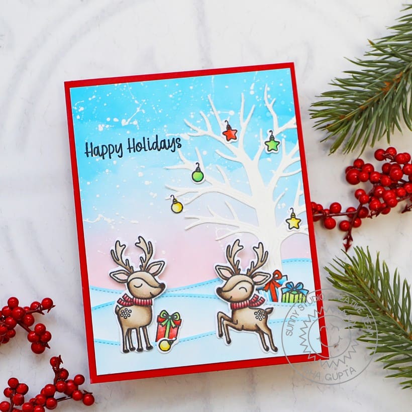 Sunny Studio Reindeer with Decorated Winter Tree Holiday Christmas Cards (using Reindeer Games 4x6 Clear Stamps)