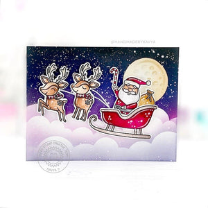 Sunny Studio Reindeer with Santa Claus, Sleigh, Moon & Clouds Holiday Christmas Card (using Reindeer Games Clear Stamps)