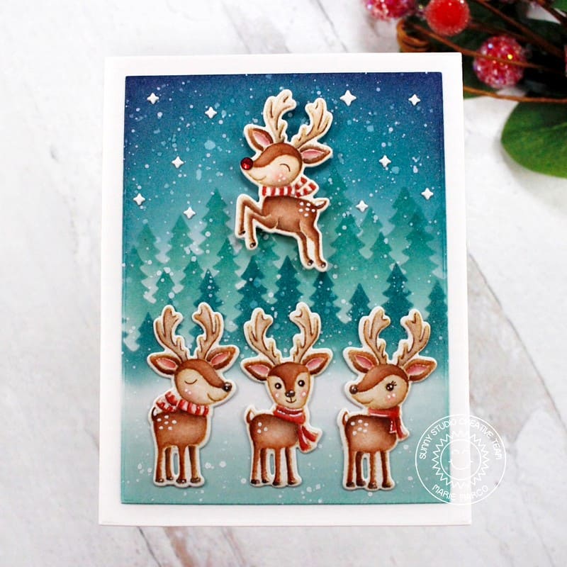 Sunny Studio Stamps No Line Coloring Rudolph Reindeer Teal Holiday Christmas Card (using Forest Trees Layered Stencils)