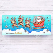 Sunny Studio Reindeer with Santa Claus & Sleigh Slimline Holiday Christmas Card (using Reindeer Games 4x6 Clear Stamps)