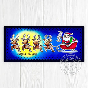 Sunny Studio Flying Reindeer with Sleigh & Full Moon Slimline Holiday Christmas Card using Santa Claus Lane 4x6 Clear Stamps