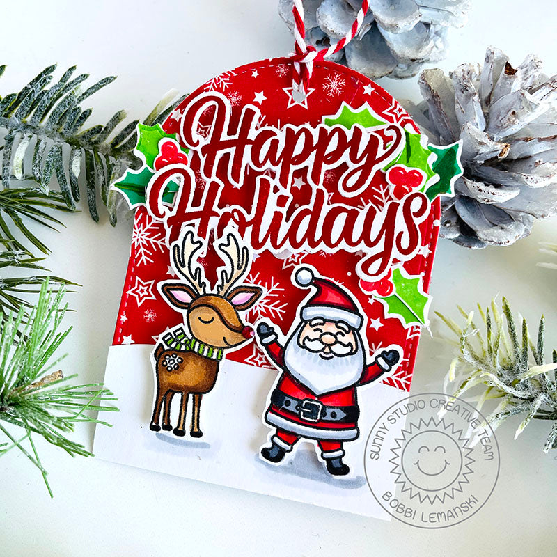 Sunny Studio Happy Holidays Santa Claus Red Snowflake Christmas Gift Tags (using Reindeer Games 4x6 Clear Stamps)