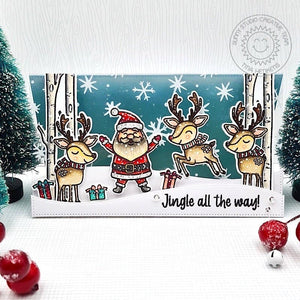 Sunny Studio Santa Claus & Reindeer Clear Acetate Mini Slimline Holiday Christmas Card using Reindeer Games 4x6 Clear Stamps