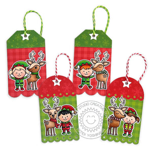 Sunny Studio Red & Green Elf North Pole Scalloped Christmas Holiday Gift Tags (using Reindeer Games 4x6 Clear Stamps)