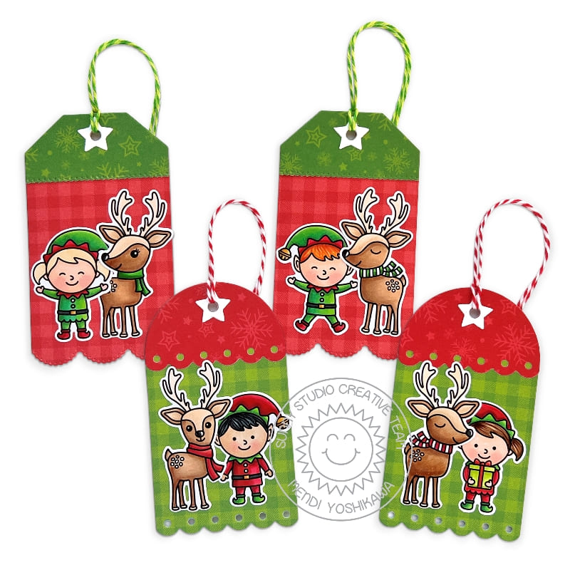 Sunny Studio Red & Green Elf Elves & Reindeer Scalloped Christmas Holiday Gift Tags (using North Pole Clear Stamps)