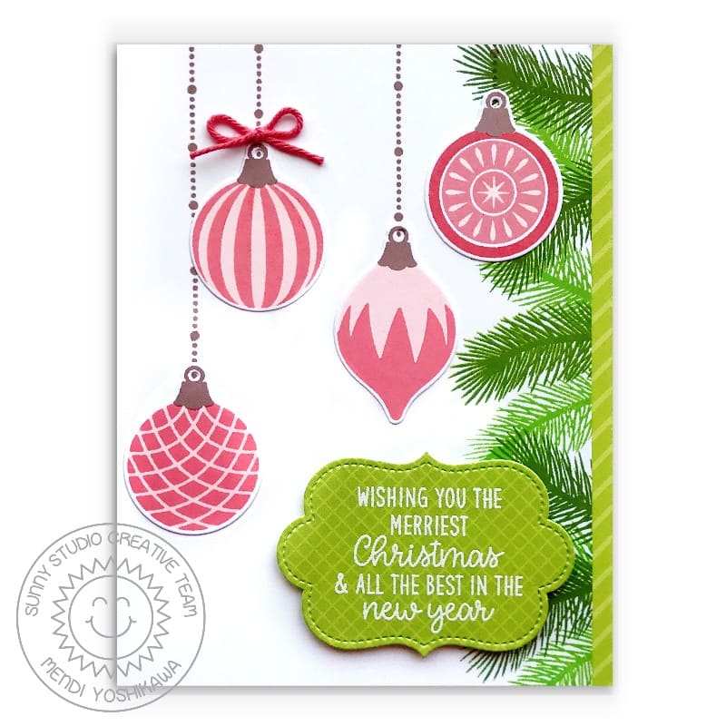 Sunny Studio Merriest Christmas & Best New Year Coral Hanging Ornaments Card using Inside Greetings Holiday 4x6 Clear Stamps