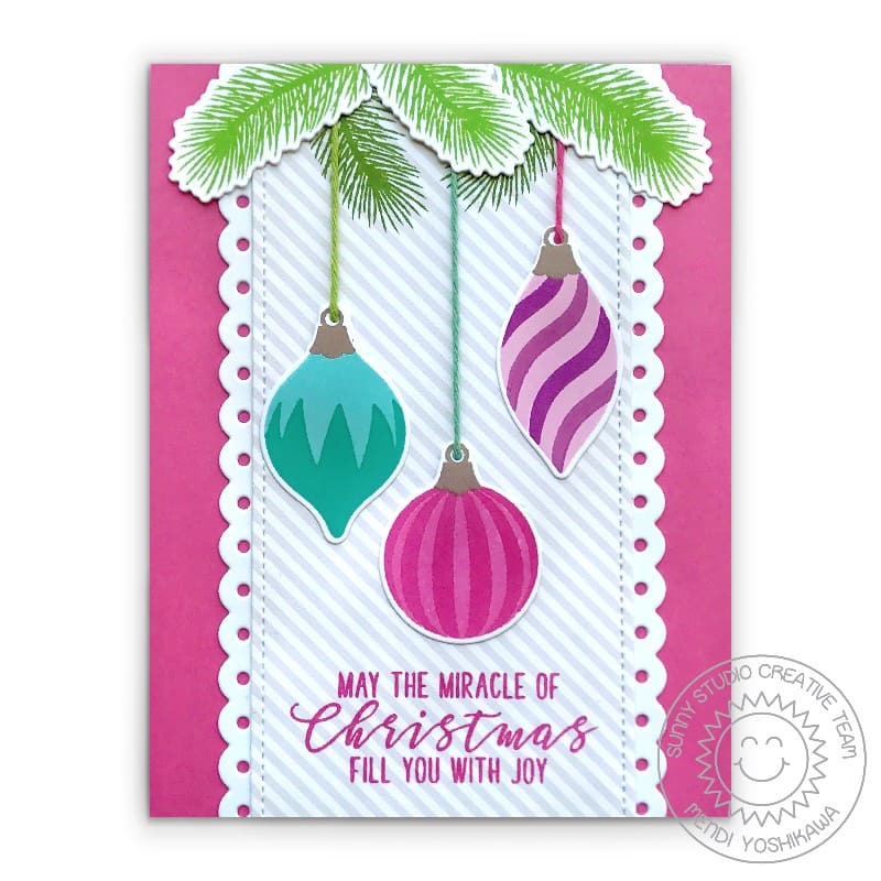 Sunny Studio Miracle of Christmas Fill You With Joy Teal, Lavender & Hot Pink Holiday Card using Retro Ornaments Clear Stamps