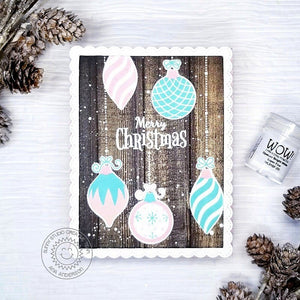 Sunny Studio Pink & Blue Pastel Scalloped Christmas Holiday Card with wood background using Retro Ornaments 4x6 Clear Stamps