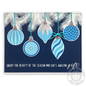 Sunny Studio Silver & Blue Beauty of the Season & God's Amazing Gift Holiday Christmas Card using Retro Ornaments Clear Stamp