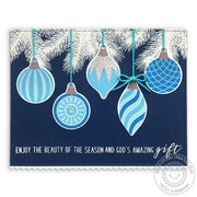 Sunny Studio Stamps Silver, Blue & White Hanging Vintage Ornament Balls Handmade Holiday Christmas Card with Stitched A2 Mat (using Frilly Frames Quatrefoil Metal Cutting Dies)