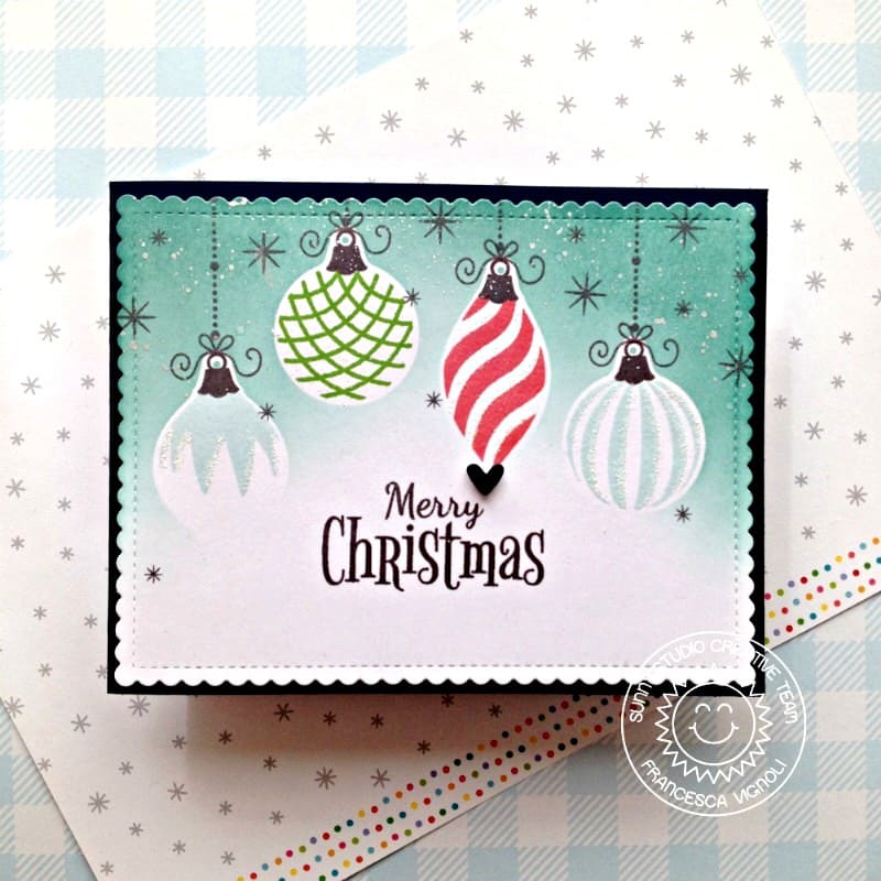 Sunny Studio Vintage Christmas Holiday Teal & Black Handmade Card (using Retro Ornament 4x6 Clear Stamps)