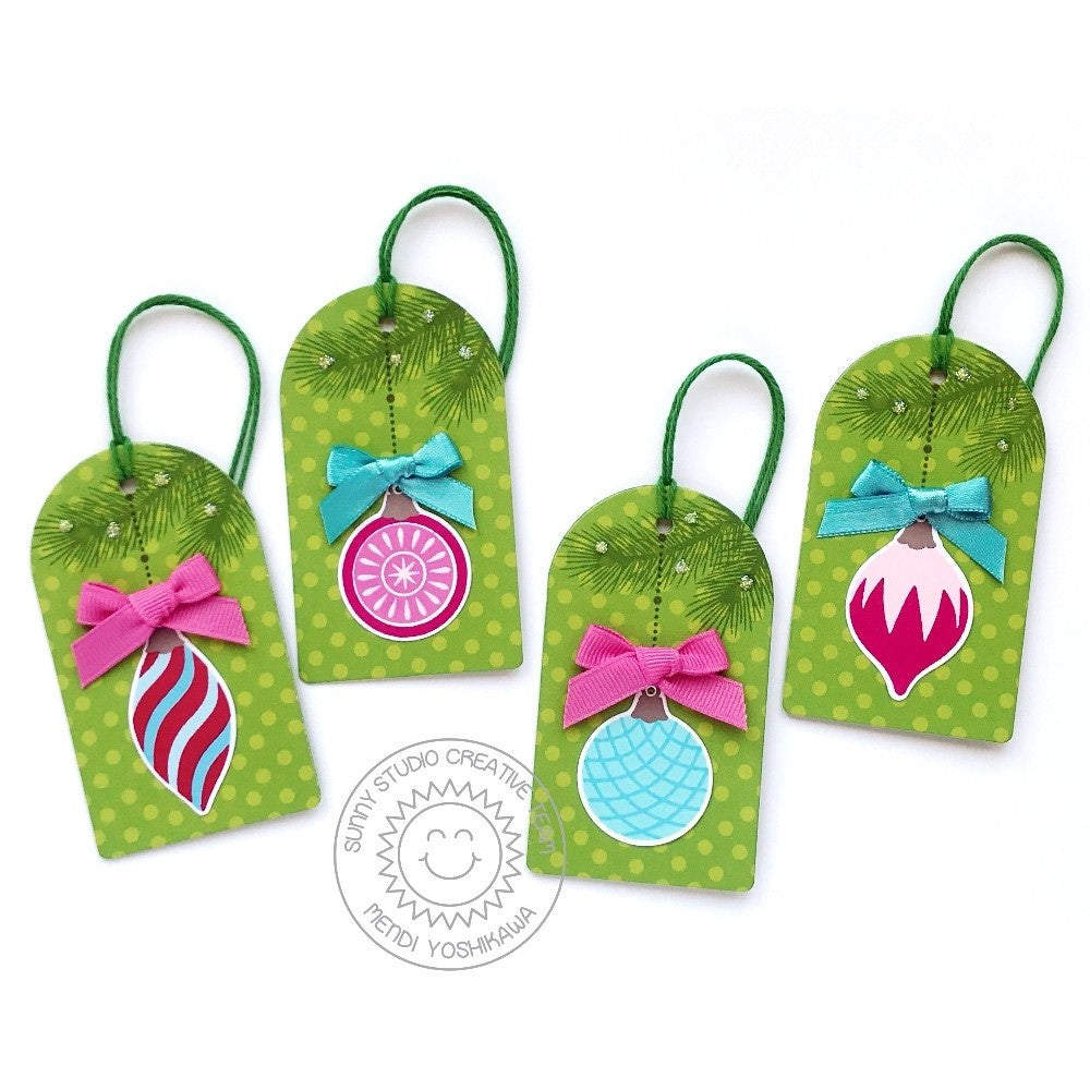 Sunny Studio Stamps Retro Christmas Ornaments Handmade Holiday Gift Tags (using Build-a-Tag 1 Metal Cutting Dies)