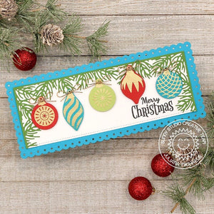 Sunny Studio Gold Embossed Vintage Ornaments Slimline Holiday Christmas Card (using Retro Ornaments 4x6 Clear Stamps)